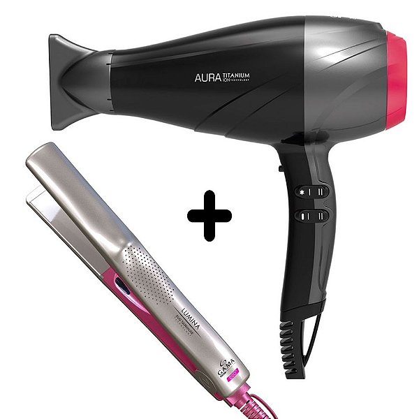 KIT GAMA - SECADOR DE CABELO GAMA AURA TITANIUM 2300W - 127V + PRANCHA LUMINA DUO TOURMALINE