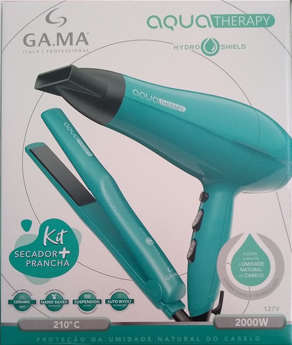 KIT GAMA AQUA THERAPY HIDRO SHIELD - SECADOR 2000W 127V + PRANCHA CERAMIC ION 210ºC - BIVOLT