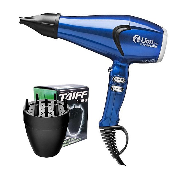 KIT - SECADOR PROFISSIONAL LION SILENCIAR 2400W AZUL - 127V + DIFUSOR TAIFF