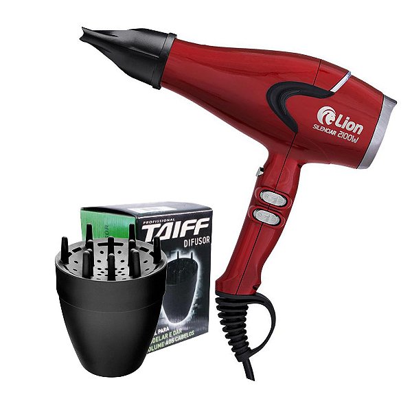 KIT - SECADOR PROFISSIONAL LION SILENCIAR 2100W VERMELHO - 220V + DIFUSOR TAIFF