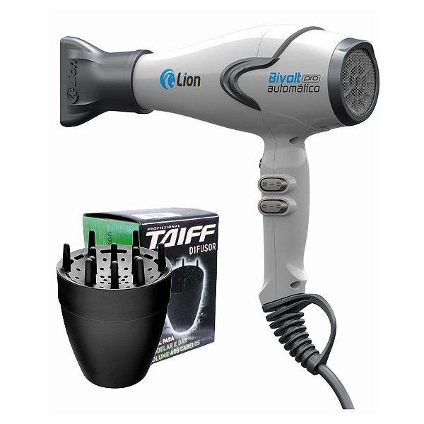 KIT - SECADOR PROFISSIONAL LION BIVOLT PRO AUTOMÁTICO BRANCO\CINZA 2100W + DIFUSOR TAIFF