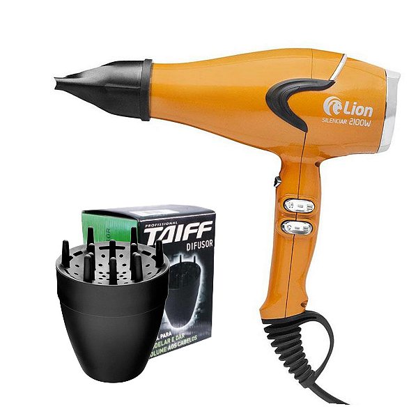 KIT - SECADOR PROFISSIONAL LION SILENCIAR 2100W LARANJA - 220V + DIFUSOR TAIFF