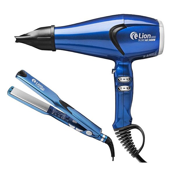 KIT LION PROFESSIONAL AZUL - SECADOR SILENCIAR 2400W 127V + PRANCHA SUPER TITTAN 250°C \ 500F BVT