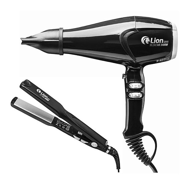 KIT LION PROFESSIONAL PRETO - SECADOR SILENCIAR 2400W 127V + PRANCHA SUPER TITTAN 250°C \ 500F BVT