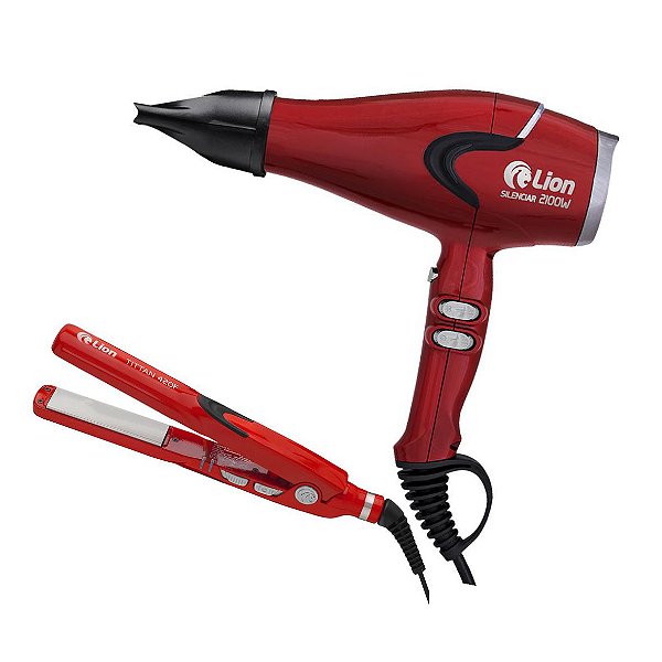 KIT LION PROFESSIONAL VERMELHO - SECADOR SILENCIAR 2200W 220V + PRANCHA LION TITTAN 215°C \ 420F BVT