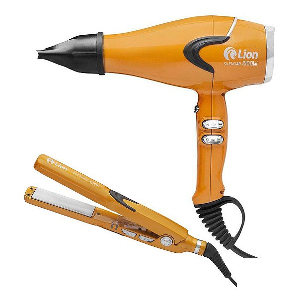 KIT LION PROFISSIONAL LARANJA - SECADOR SILENCIAR 2100W - 220V + PRANCHA TITTAN 215°C \ 420F BVT