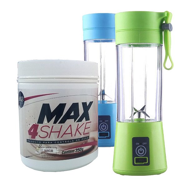 KIT MAX4SHAKE PARA EMAGRECER H&B + LIQUIDIFICADOR ACADEMIA PORTÁTIL VERDE OU AZUL