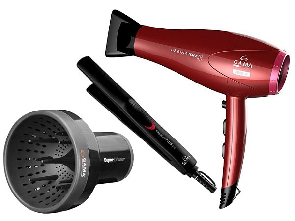KIT GAMA - SECADOR PROFISSIONAL LUMINA ION 2200W 127V + PRANCHA ELEGANZA PLUS 210ºC BV + DIFUSOR
