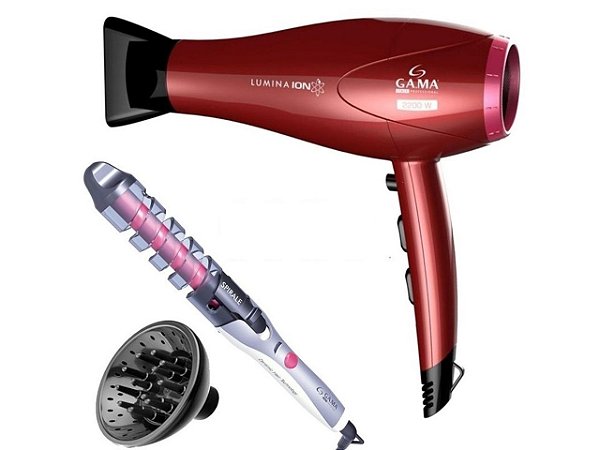 KIT GAMA - SECADOR PROFISSIONAL LUMINA ION 2200W 127V + PRANCHA SPIRALE 220ºC BVT + DIFUSOR