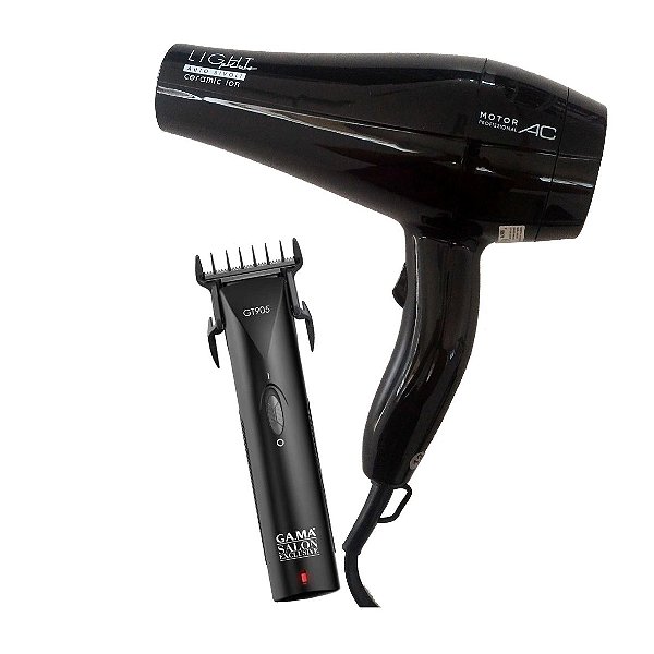 KIT GAMA BIVOLT - SECADOR CABELO LIGHT PLUS CERAMIC ION 2000W AC + MAQUINA ACABAMENTO GT-905