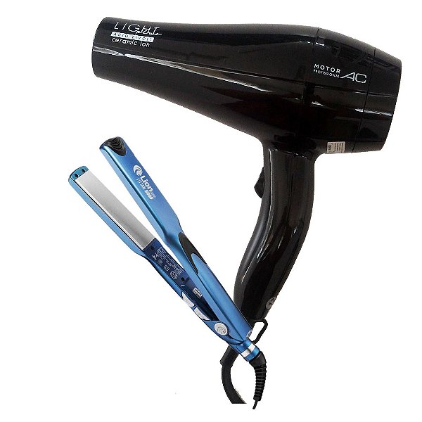KIT BIVOLT PROFISSIONAL - SECADOR CABELO LIGHT PLUS CER. ION 2000W + PRANCHA LION PRO TITTAN 250°C