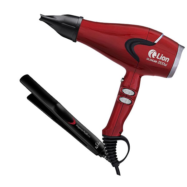 KIT - SECADOR PROFISSIONAL LION SILENCIAR 2100W VERMELHO - 220V + PRANCHA GAMA PLUS 210ºC BV