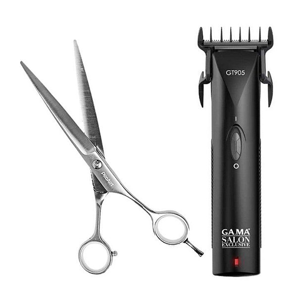 KIT - MAQUINA ACABAMENTO GAMA GT-905 BV - TESOURA PROART BARBER INOX MICROSERRILHADA LASER