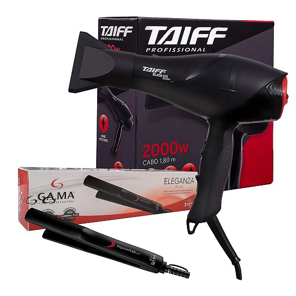 KIT - SECADOR CABELO TAIFF PROF. BLACK ION 2000W 127V + PRANCHA GAMA ELEGANZA PLUS 210ºC