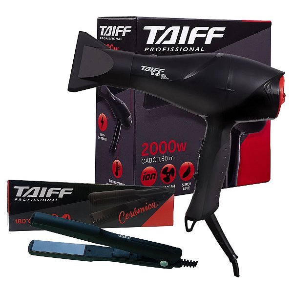 KIT TAIFF - SECADOR CABELO PROF. BLACK ION 2000W 127V + PRANCHA CERAMIC 180ºC