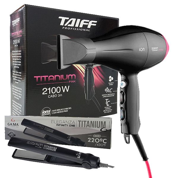 KIT 127V - SECADOR TAIFF TITANIUM COLORS PINK 2100W + PRANCHA GAMA INFINITY ONE TITANIUM 220°C BVT
