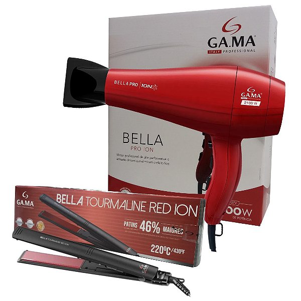 KIT GAMA - SECADOR BELLA PRO ION 2100W 220V + PRANCHA BELLA TOURMALINE RED ION 220°C BIV