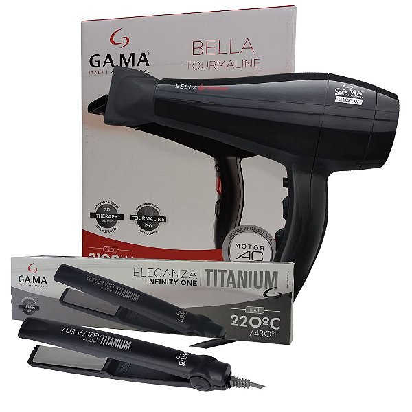 KIT GAMA - SECADOR BELLA TOURMALINE 2100W 220V + PRANCHA ELEGANZA INFINITY ONE TITANIUM 220ºC BV