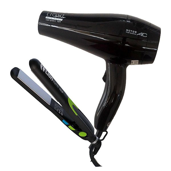 KIT BIVOLT PROF. - SECADOR CABELO LIGHT PLUS CER. ION 2000W + PRANCHA LION TUTTI 215°C \ 420F VERDE