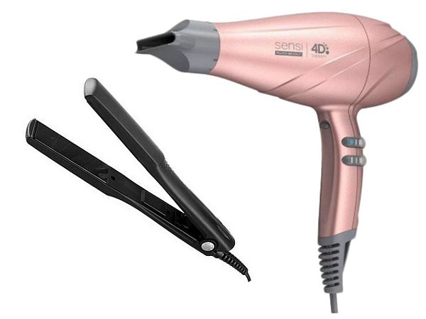 KIT BIVOLT - SECADOR CABELO PROF. GAMA SENSI 4D THERAPY 2500W ROSÊ + PRANCHA TAIFF CERAMIC 180ºC
