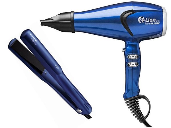 KIT PROFISSIONAL - SECADOR LION SILENCIAR TURMALINA 2400W AZUL 220V + PRANCHA TAIFF BLUE ION 200ºC