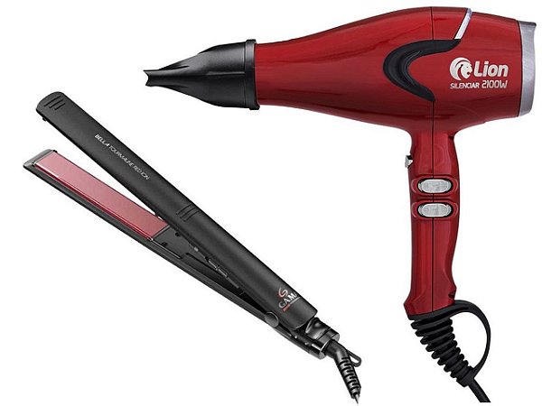 KIT TOURMALINE - SECADOR LION SILENCIAR 2100W 220V + PRANCHA GAMA BELLA RED ION 220ºC