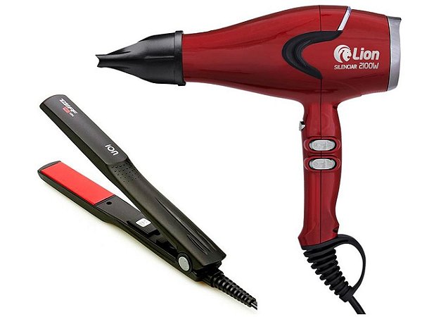 KIT - SECADOR LION SILENCIAR TOURMALINE 2100W 220V + PRANCHA TAIFF RED ION 200ºC