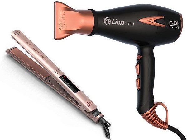 KIT - SECADOR PROF. LION TUTTI 2400W COBRE 220V - PRANCHA GAMA ELEGANCE LED KERATION PRO 230ºC
