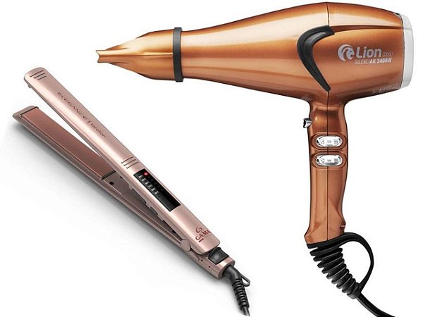 KIT - SECADOR PROF LION SILENCIAR TOURMALINE 2400W COBRE 220V + PRANCHA GAMA LED KERATION PRO 230ºC