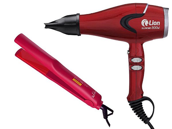 KIT - SECADOR PROF. LION SILENCIAR 2100W VERMELHO 220V + PRANCHA GAMA BELLA PRO CERAMIC 210ºC