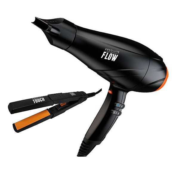KIT GAMA GBS SERIES ABSOLUTE - SECADOR PROF. BARBER FLOW 2300W 127V + PRANCHA MINI TOUCH 210ºC