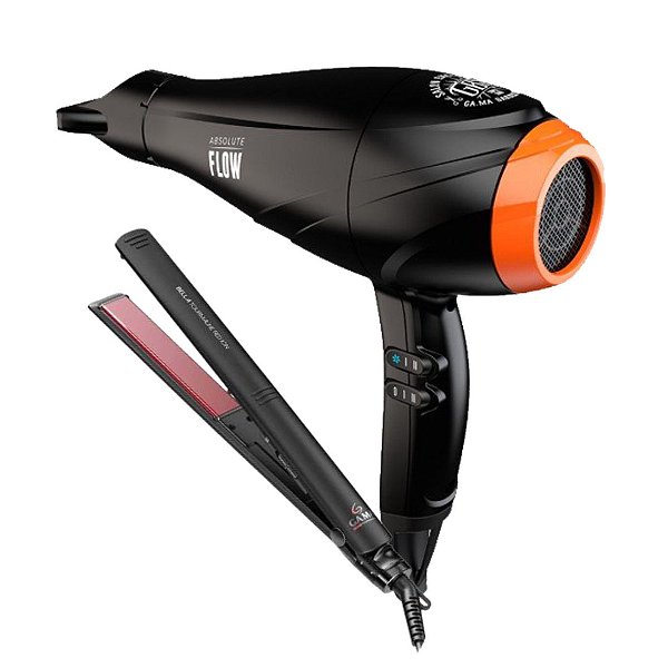 KIT GAMA - SECADOR PROF. GBS BARBER ABSOLUTE FLOW 2300W 127V + PRANCHA BELLA TOUR. RED ION 220°C