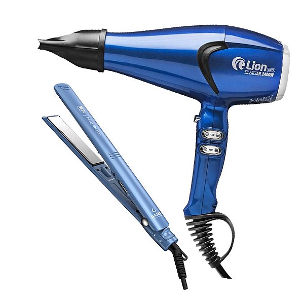 KIT PROFISSIONAL - SECADOR LION SILENCIAR 2400W AZUL 127V + PRANCHA GAMA ELEGANCE BLUE TITANIO 230ºC