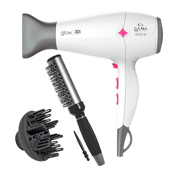 KIT - SECADOR CABELO GAMA GLOW 3D 2000W BRANCO 127V + ESCOVA PROART RICCI PERFETTI - PRETO\PRATA