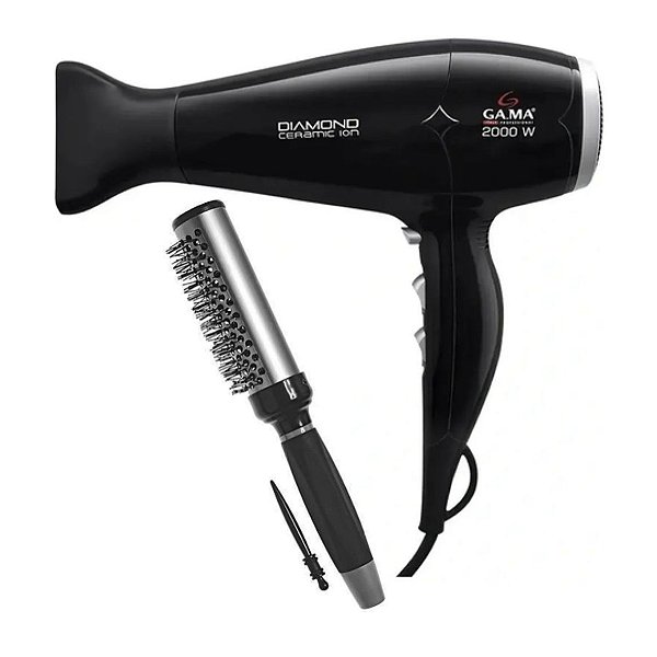 KIT -SECADOR CABELO GAMA DIAMOND CERAMIC ION 2000W 127V + ESCOVA PROART RICCI PERFETTI - PRETO\PRATA