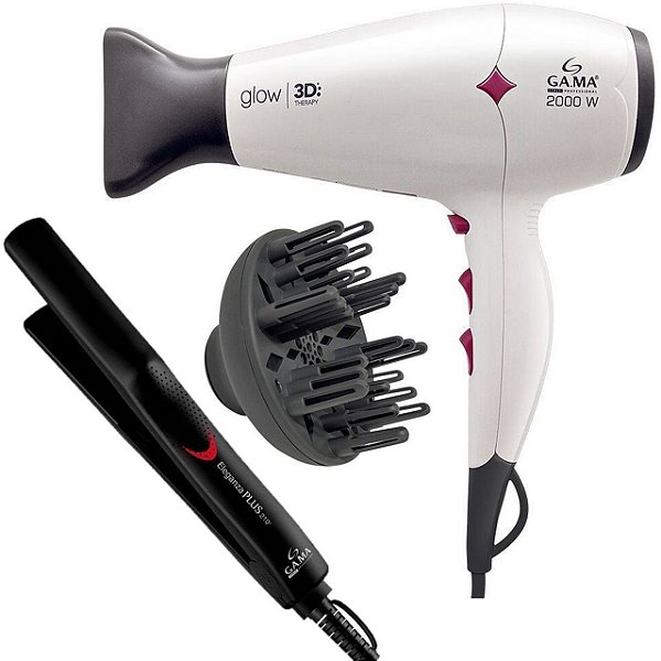KIT GAMA - SECADOR CABELO GLOW 3D 2000W BRANCO 127V + PRANCHA ELEGANZA PLUS 210ºC BV