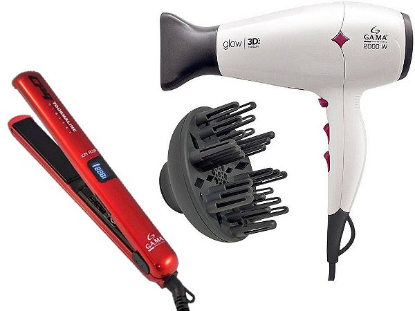 KIT GAMA - SECADOR CABELO GLOW 3D 2000W BRANCO 127V + PRANCHA CP9 TOURMALINE DIGITAL ION PLUS 230ºC