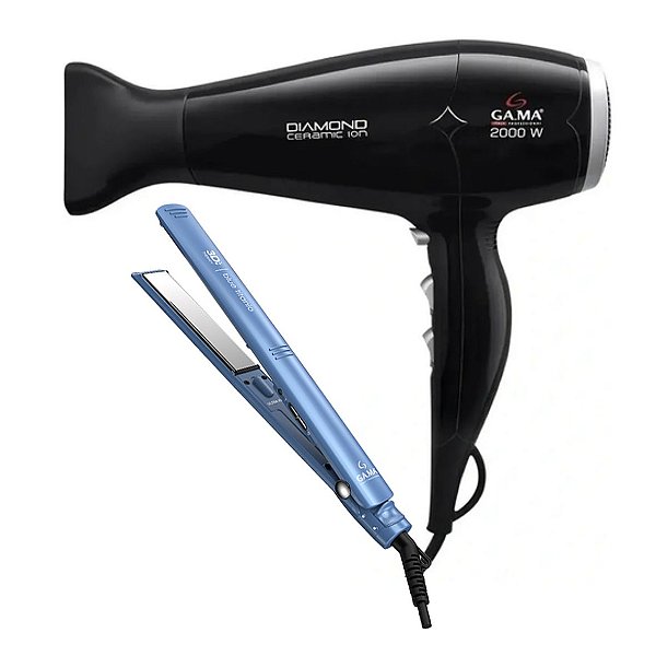 KIT GAMA - SECADOR DIAMOND CERAMIC ION 2000W 127V + PRANCHA ELEGANCE BLUE TITANIO 3D 230°C BV
