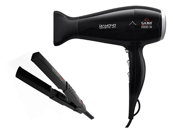 KIT GAMA - SECADOR DIAMOND CERAMIC ION 2000W 220V + PRANCHA MINI CERAMIC ION 200°C BV