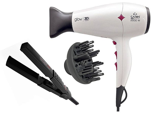 KIT GAMA - SECADOR CABELO GLOW 3D 2000W BRANCO 127V + CHAPINHA MINI CERAMIC ION 200°C BIV