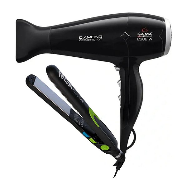 KIT - SECADOR GAMA DIAMOND CERAMIC ION 2000W 127V + PRANCHA PROF. LION TUTTI 215°C \ 420F VERDE BV