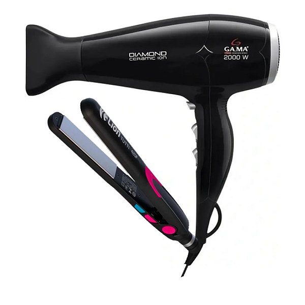 KIT - SECADOR GAMA DIAMOND CERAMIC ION 2000W 127V + PRANCHA PROF. LION TUTTI 215°C \ 420F ROSA BV