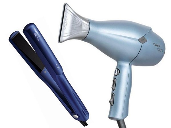 KIT TAIFF - SECADOR PROFISSIONAL FOX 3 KOMPRESS BLUE 2200W 127V + PRANCHA BLUE ION 200ºC BV