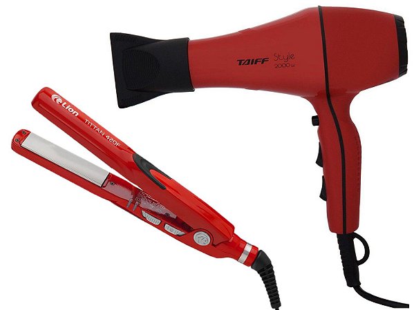 KIT - SECADOR PROFISSIONAL TAIFF STYLE RED 2000W 220V + PRANCHA LION TITTAN 215°C \ 420F VERMELHO BV