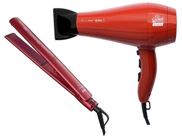 KIT GAMA - SECADOR BELLA PRO ION 2100W 127V + PRANCHA ELEGANCE NEW LUMINA RED CERAMIC ION 220ºC BV
