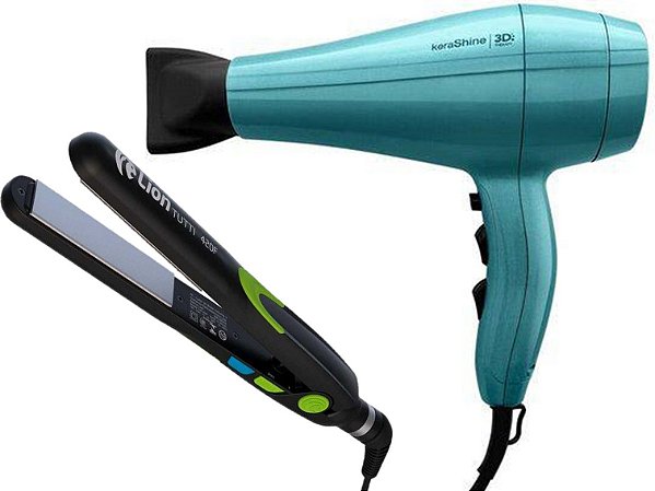 KIT PROFISSIONAL - SECADOR GAMA KERA-SHINE 3D 2100W 220V + PRANCHA LION TUTTI 215°C \ 420F - VERDE