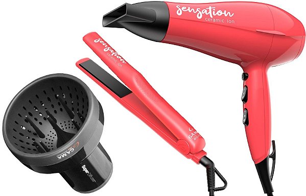 KIT GAMA - SECADOR SENSATION 2000W 220V + PRANCHA SENSATION CERAMIC ION 210ºC BV + DIFUSOR DE AR