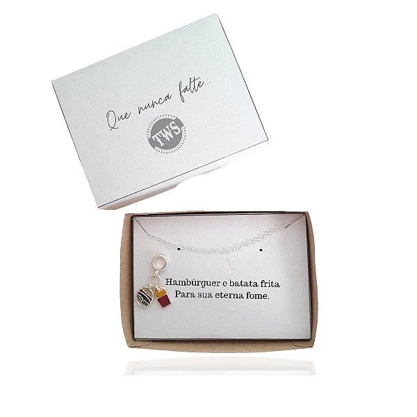 Pulseira com pingente hamburguer - Caixa presente com frase