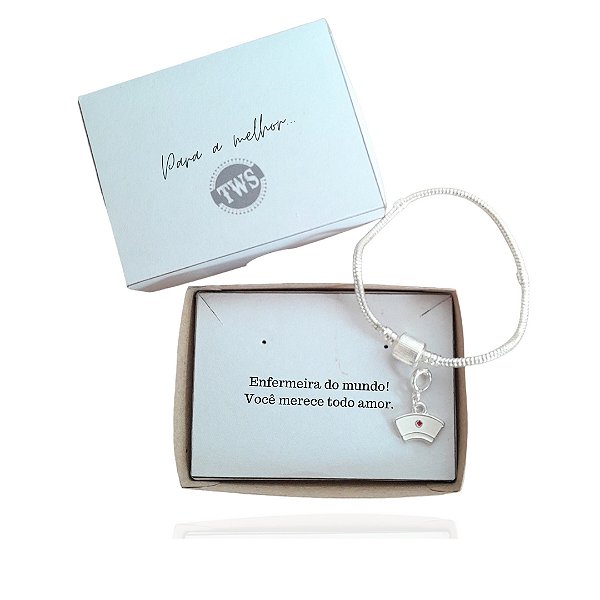 Pulseira berloque com pingente enfermeira - Caixa presente com frase