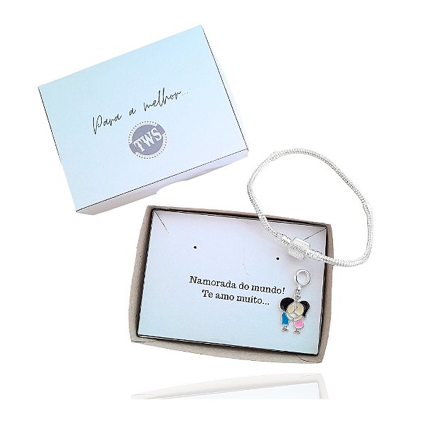 Pulseira berloque com pingente casal - Caixa presente com frase